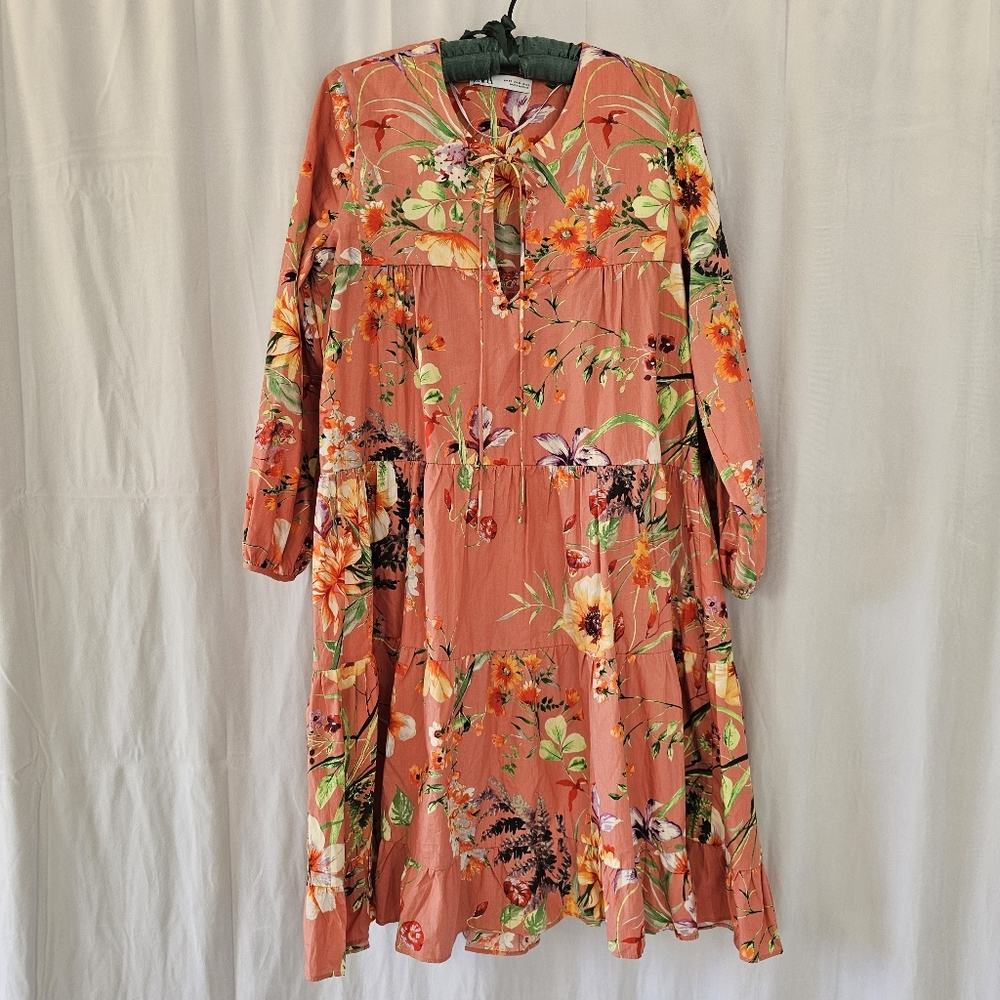 Zara Pink Green Peach Orange  Green Floral Hawaiian Dress XS